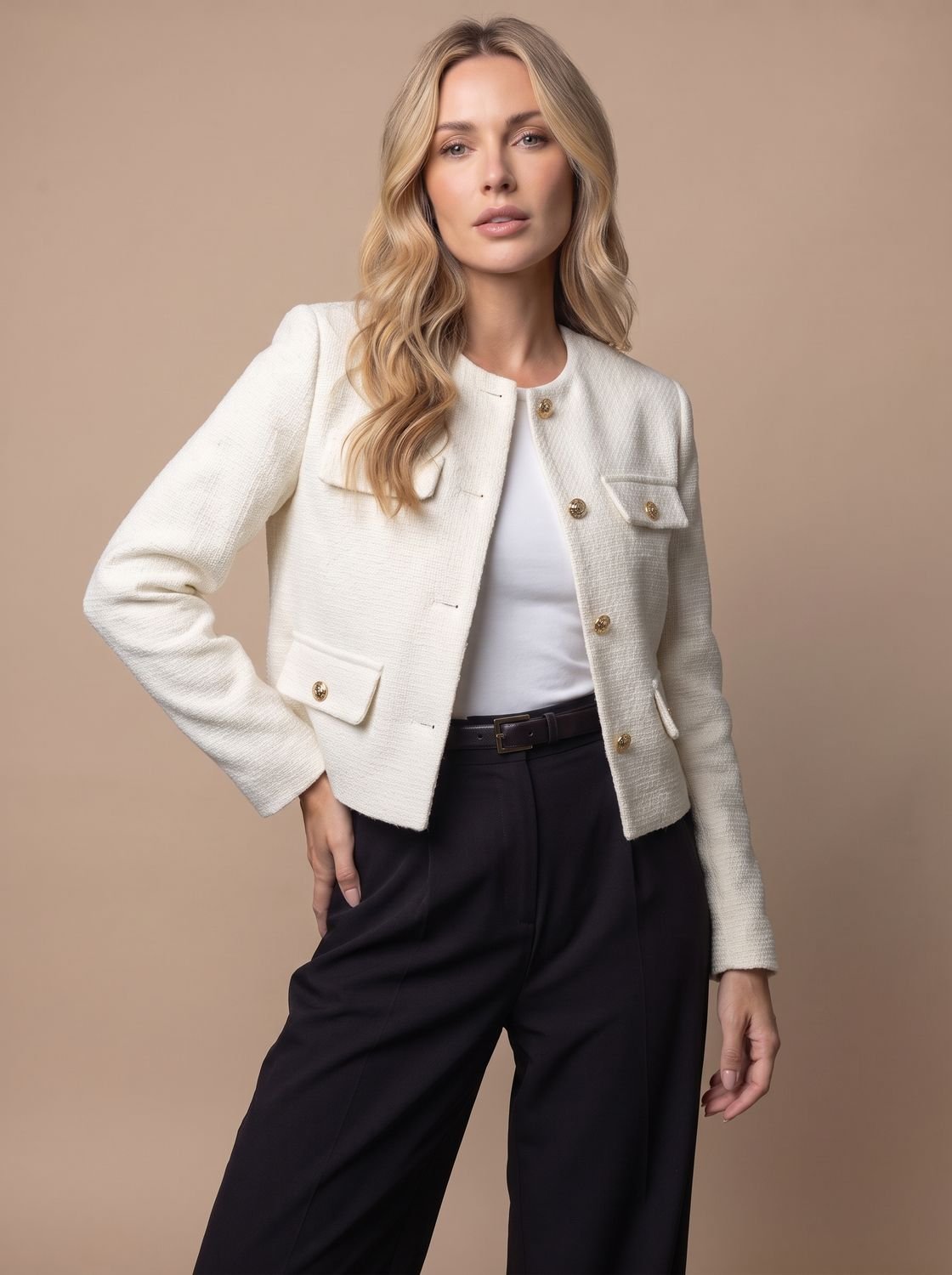 Women's Cropped Tweed Blazer with Gold Buttons and Flap Pockets - No Collar