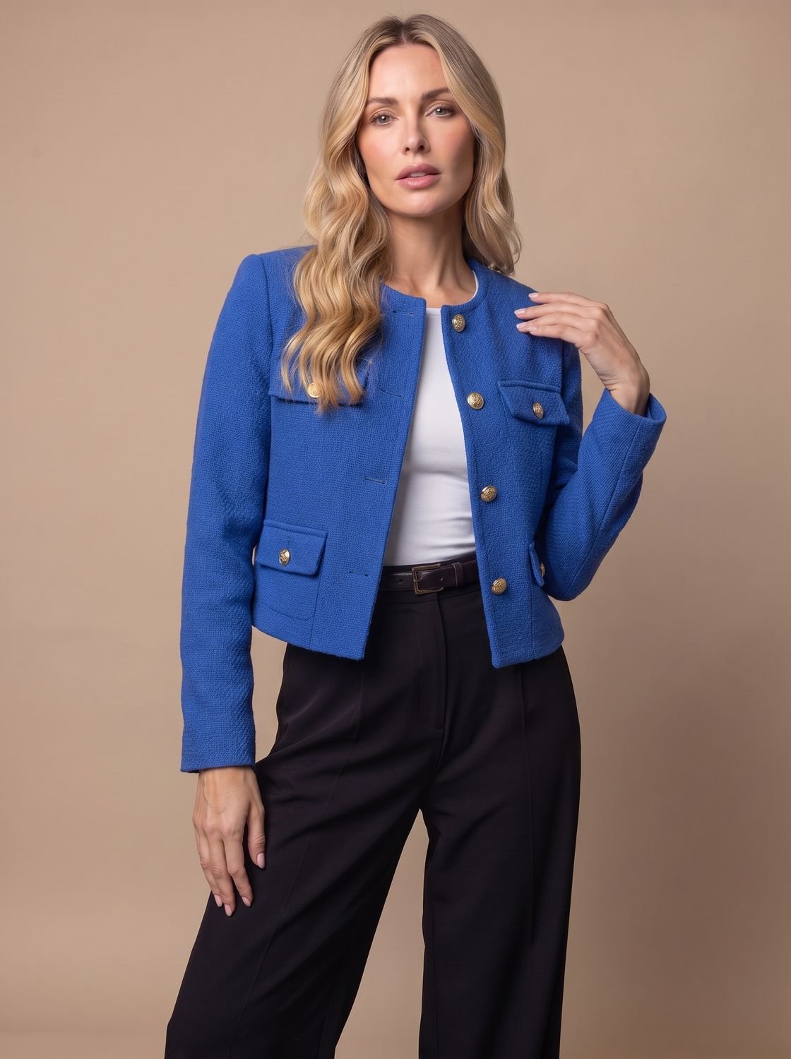 Women's Cropped Tweed Blazer with Gold Buttons and Flap Pockets - No Collar