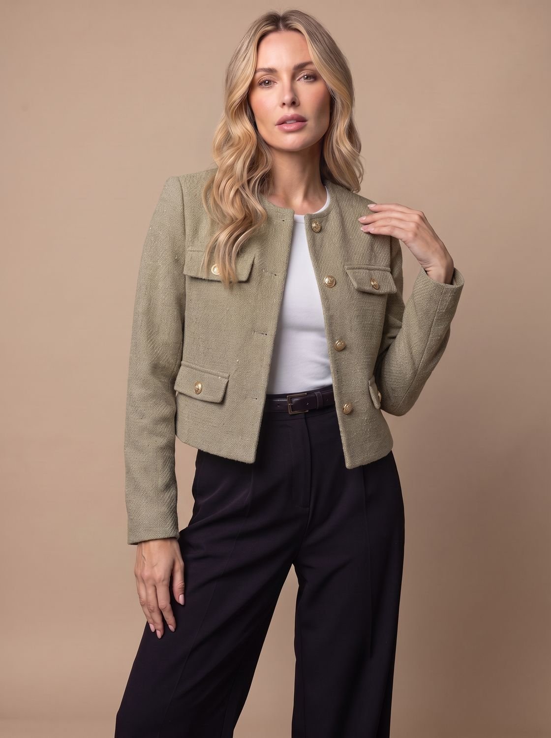 Women's Cropped Tweed Blazer with Gold Buttons and Flap Pockets - No Collar