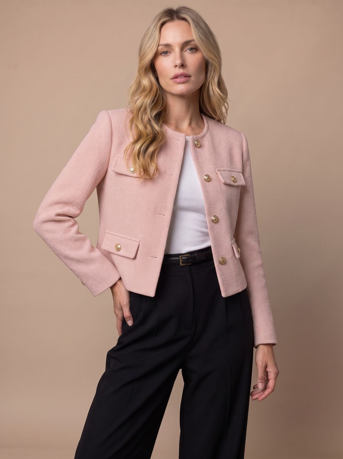 Women's Cropped Tweed Blazer with Gold Buttons and Flap Pockets - No Collar