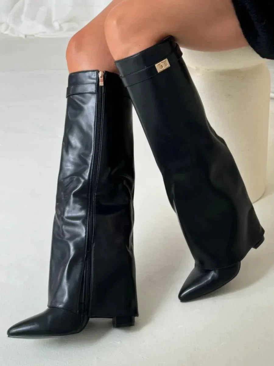 High PU suede boots with metal buckle for women