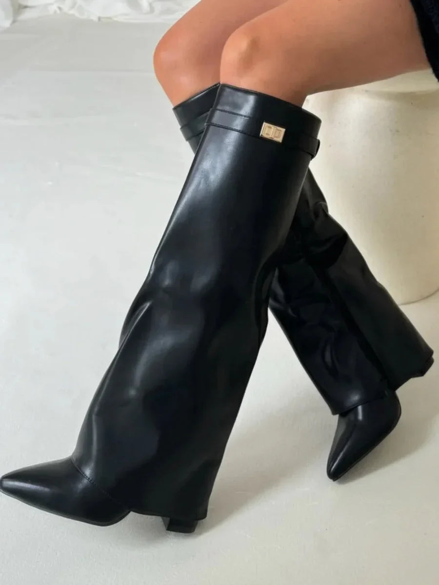 High PU suede boots with metal buckle for women
