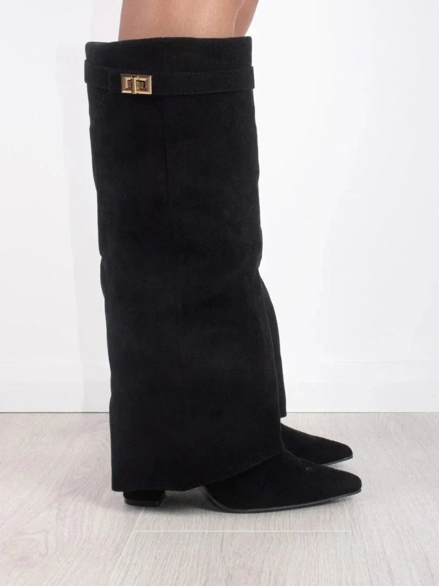 High PU suede boots with metal buckle for women