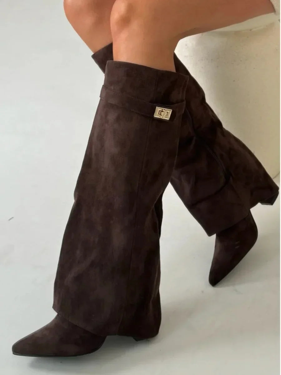 High PU suede boots with metal buckle for women
