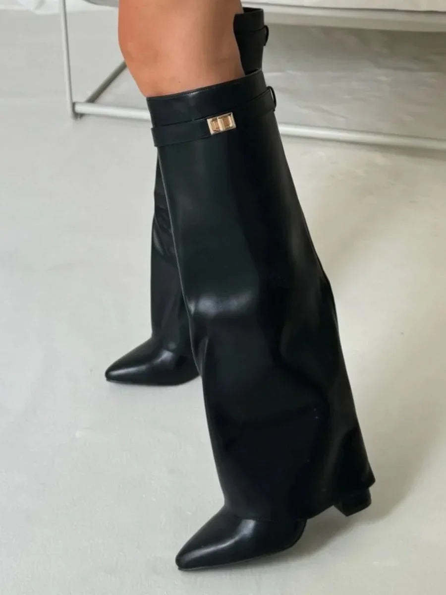 High PU suede boots with metal buckle for women