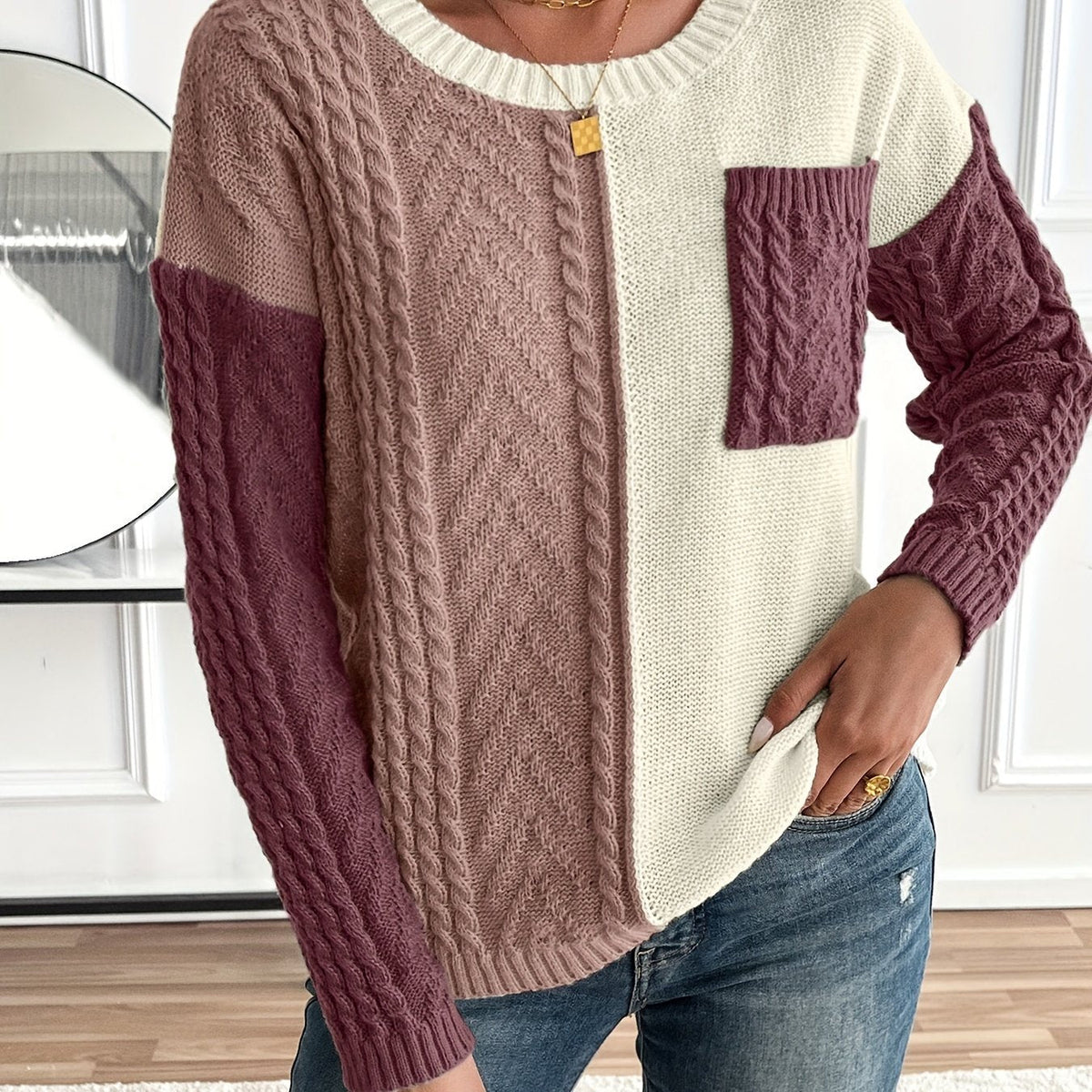 Delia | Bi-Color Cable Knit Sweater