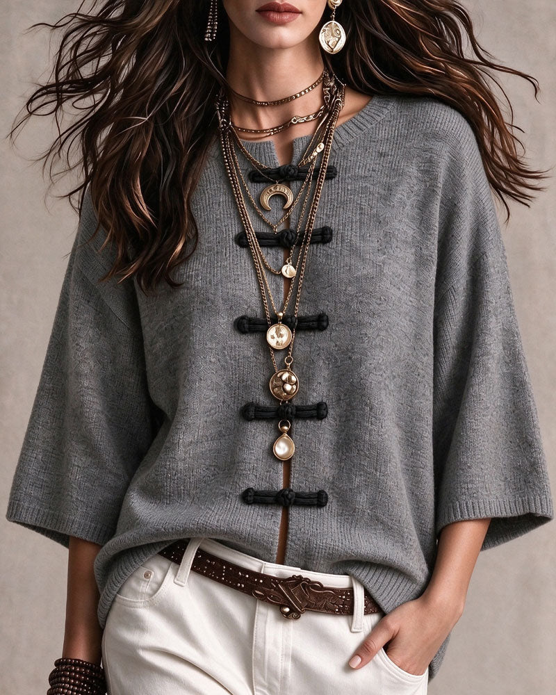 Loose-Fit Pullover with Round Neck and Frog Button Detail