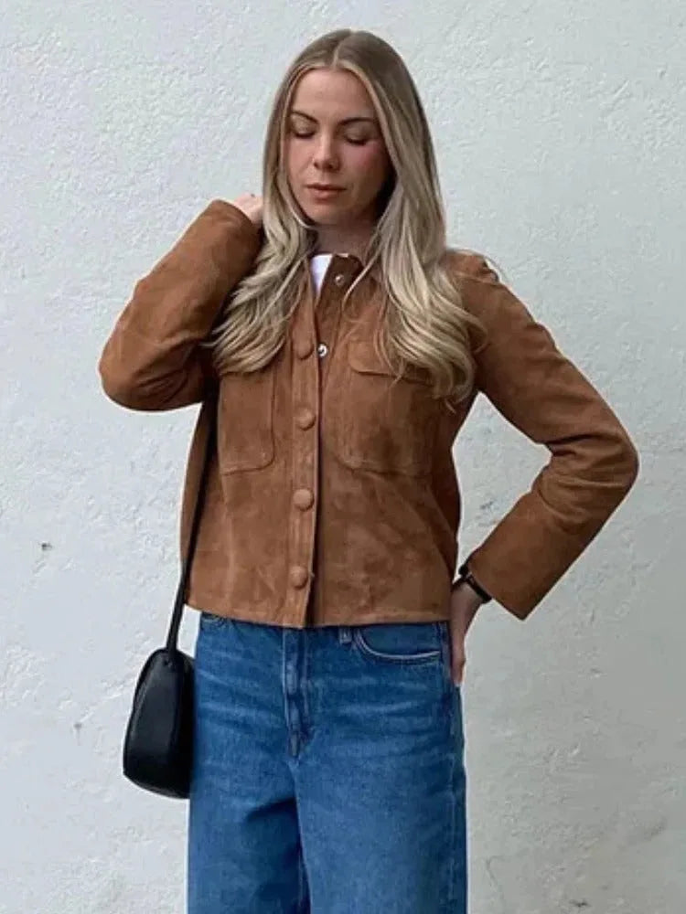 Suede Jacket for Women with Chest Pockets