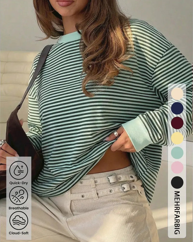 Relaxed Fit Long Sleeve Striped Crew Neck Top