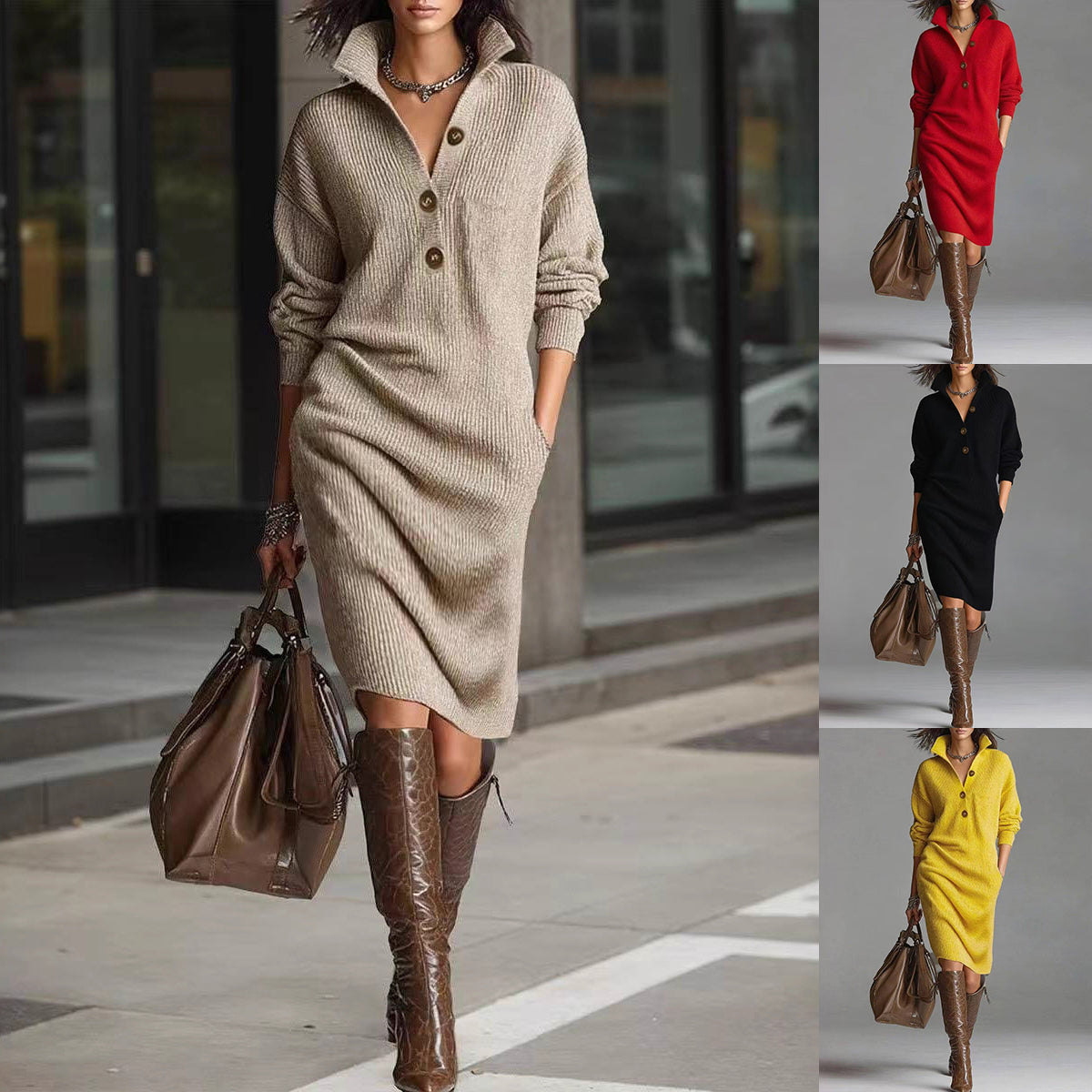 Louise | Loose-Fit Long-Sleeve Dress with Stand-Up Collar and Button Details