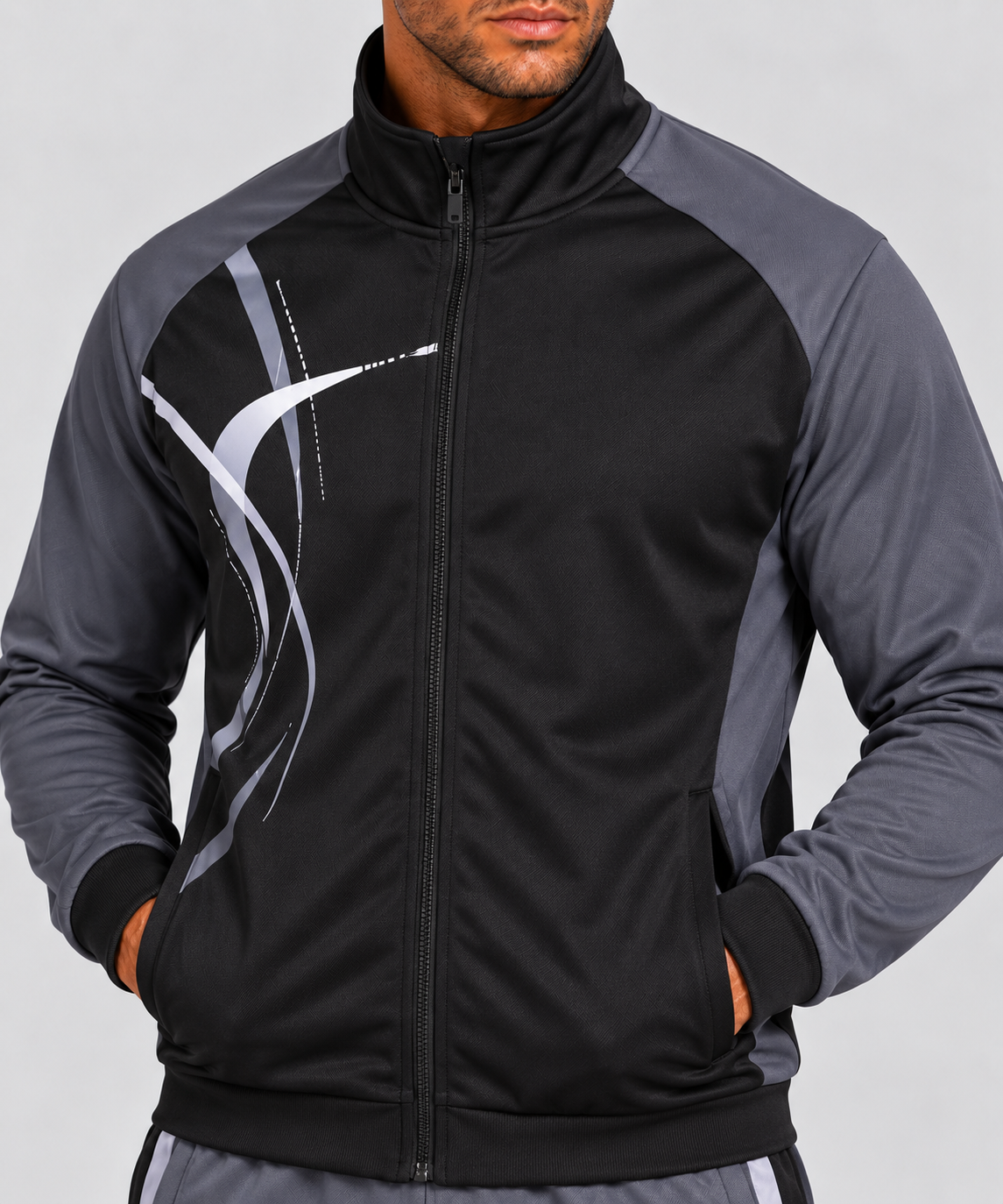 Men's Sports Set with Print, Mandarin Collar and Zip