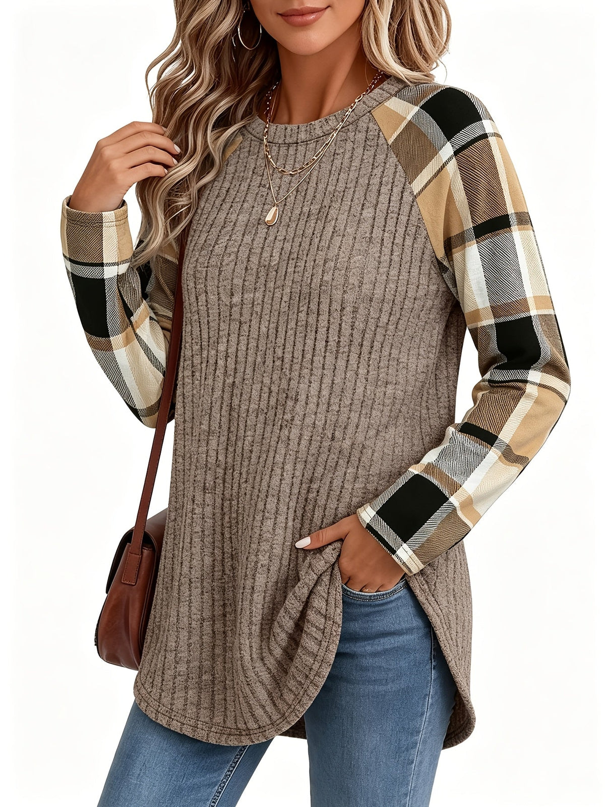Audrey | Ribbed Top with Checkered Sleeves