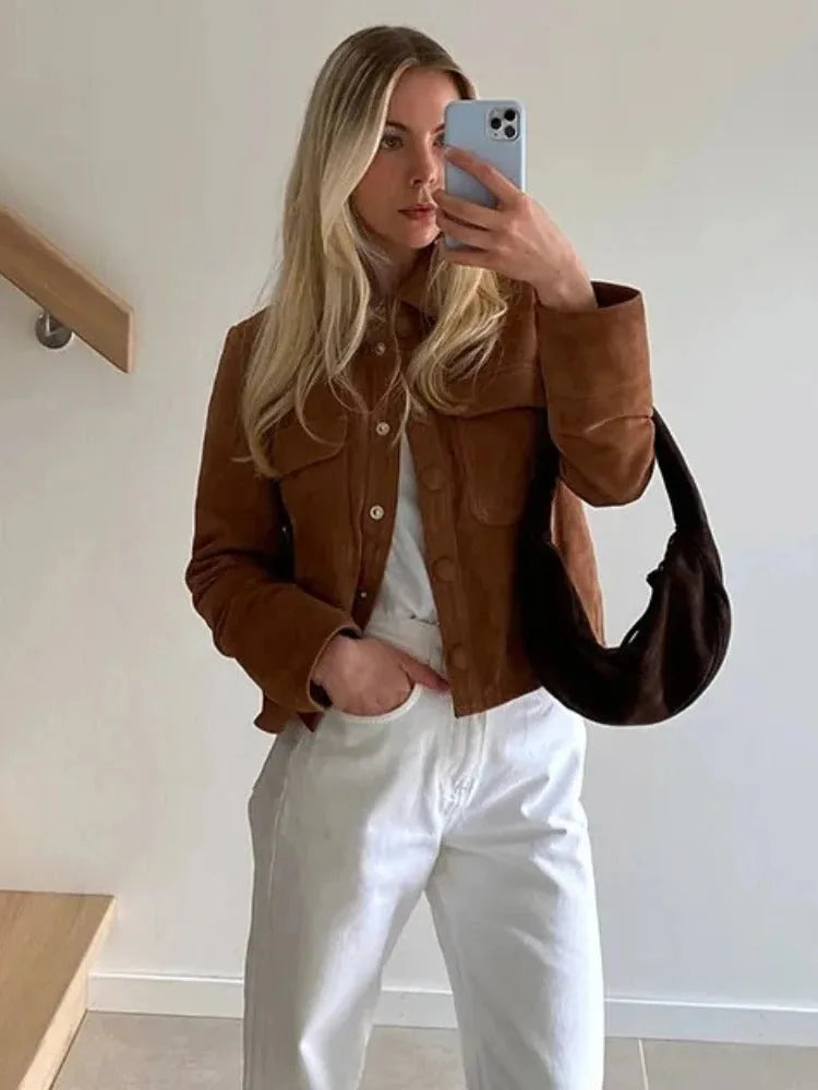 Suede Jacket for Women with Chest Pockets