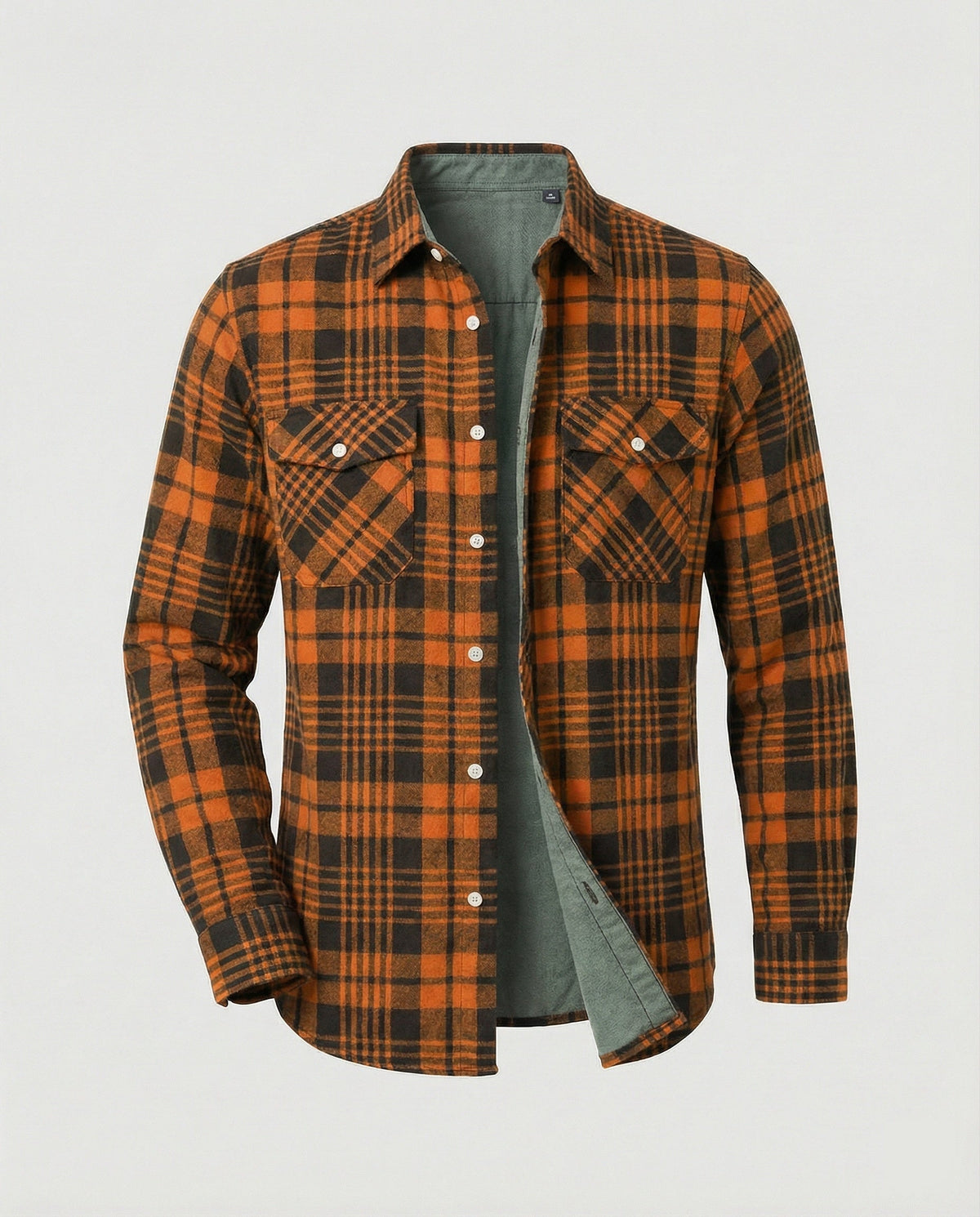 Men's Long Sleeve Flannel Shirt with Check Pattern and Chest Pockets