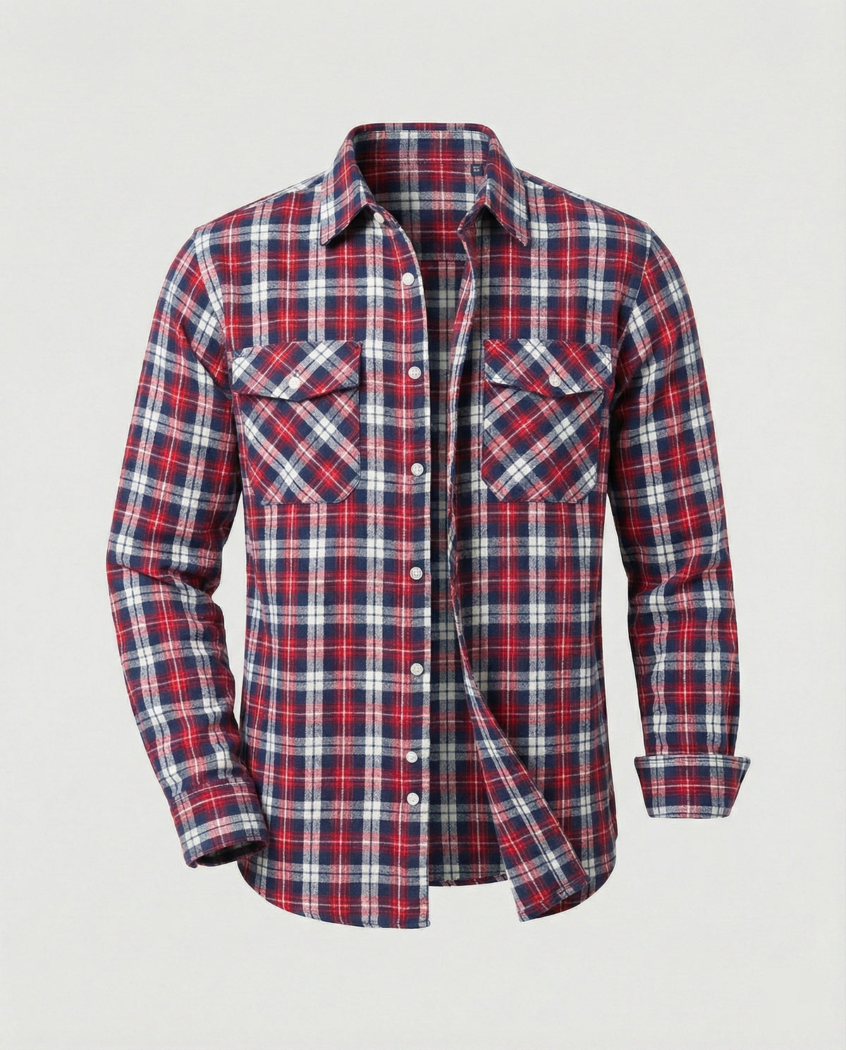 Men's Long Sleeve Flannel Shirt with Check Pattern and Chest Pockets