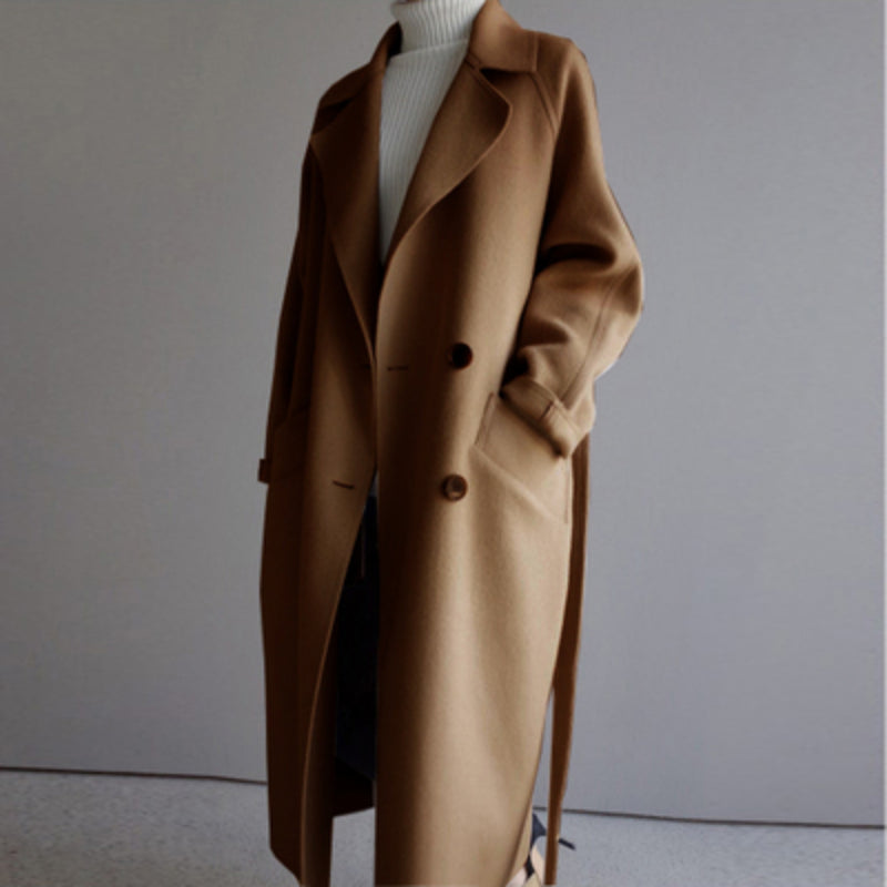 Women's Long Double-Breasted Coat with Notched Collar