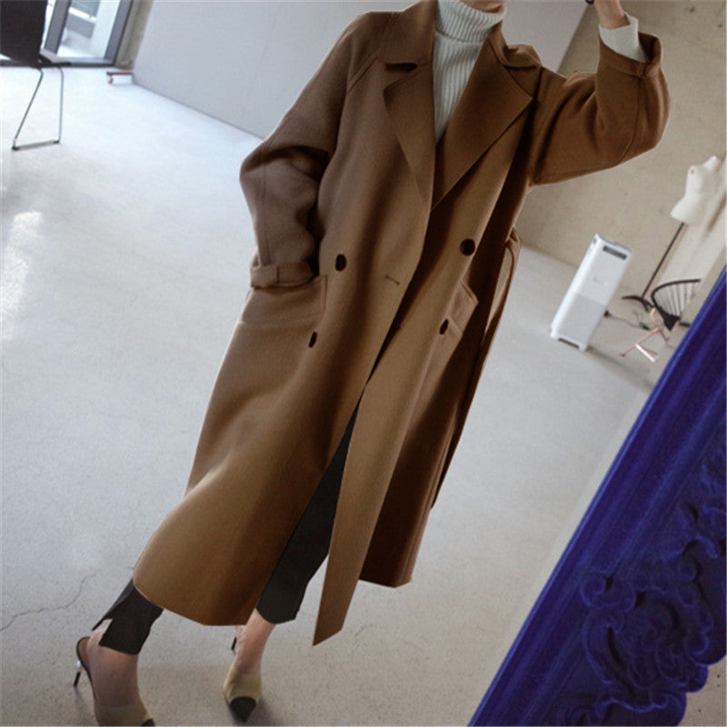 Women's Long Double-Breasted Coat with Notched Collar
