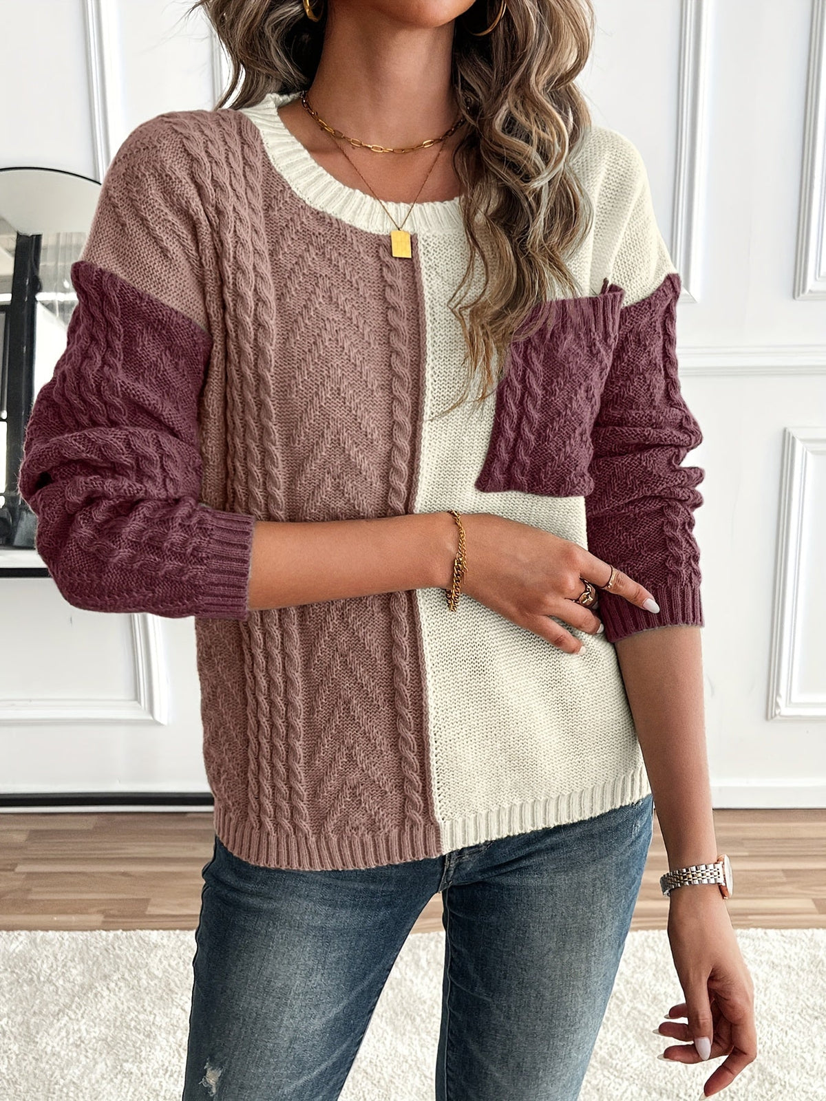 Delia | Bi-Color Cable Knit Sweater
