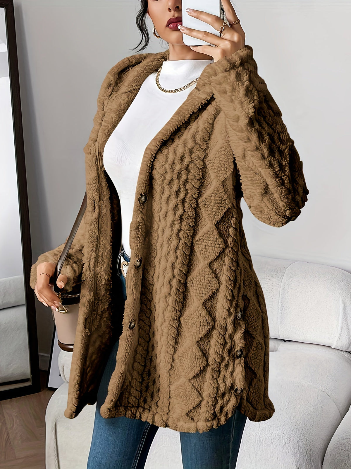 Women's Hooded Cable Knit Cardigan