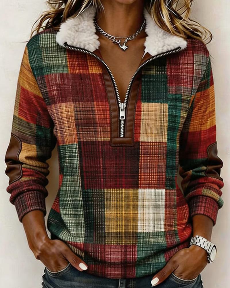 Plaid Contrast Sweatshirt with Lapel Zipper