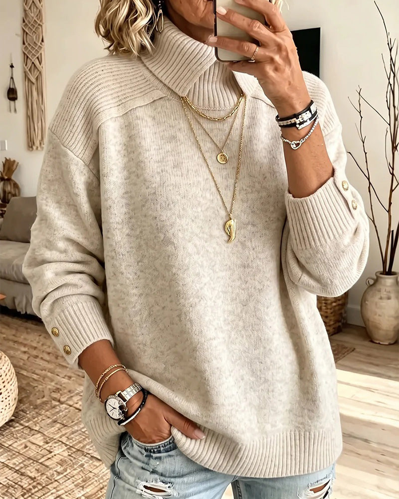 Relaxed Fit High Collar Button-Up Sweater