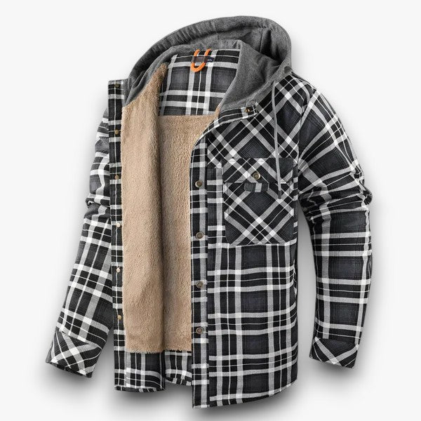 Men's Checked Hooded Jacket with Cozy Sherpa Lining