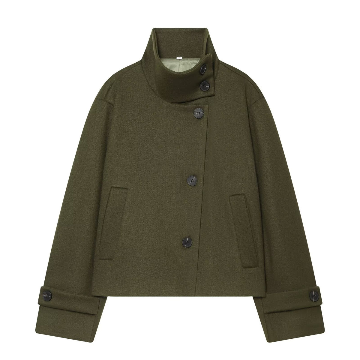 Women's Short Wool Jacket with High Collar, Buttoned Cuffs, and Pockets