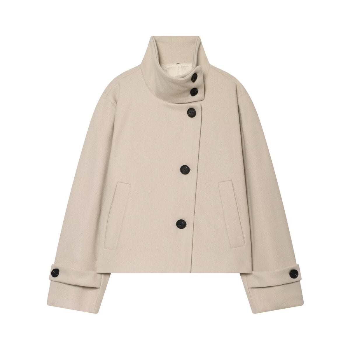 Women's Short Wool Jacket with High Collar, Buttoned Cuffs, and Pockets