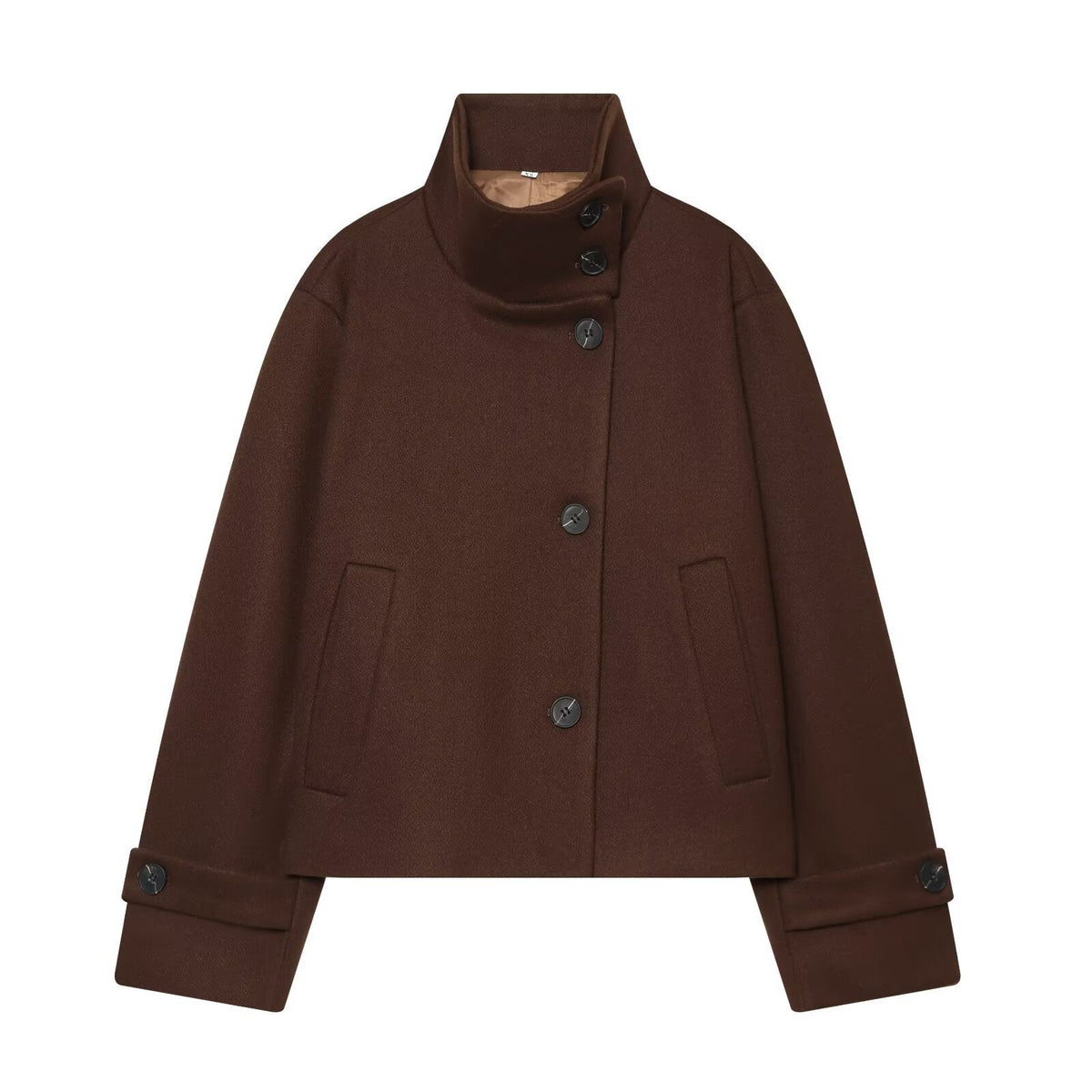 Women's Short Wool Jacket with High Collar, Buttoned Cuffs, and Pockets
