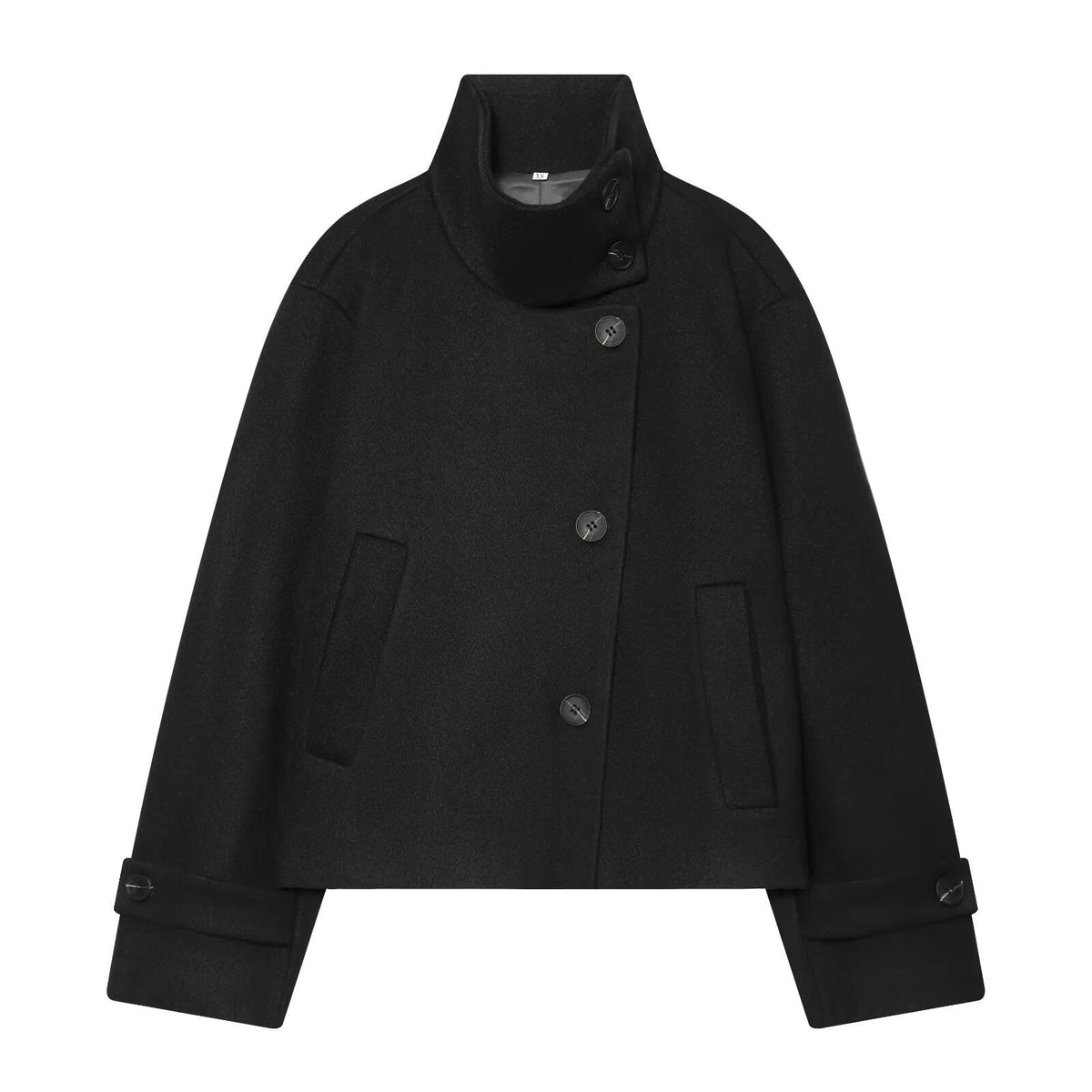 Women's Short Wool Jacket with High Collar, Buttoned Cuffs, and Pockets