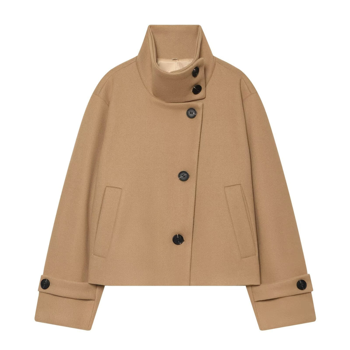 Women's Short Wool Jacket with High Collar, Buttoned Cuffs, and Pockets