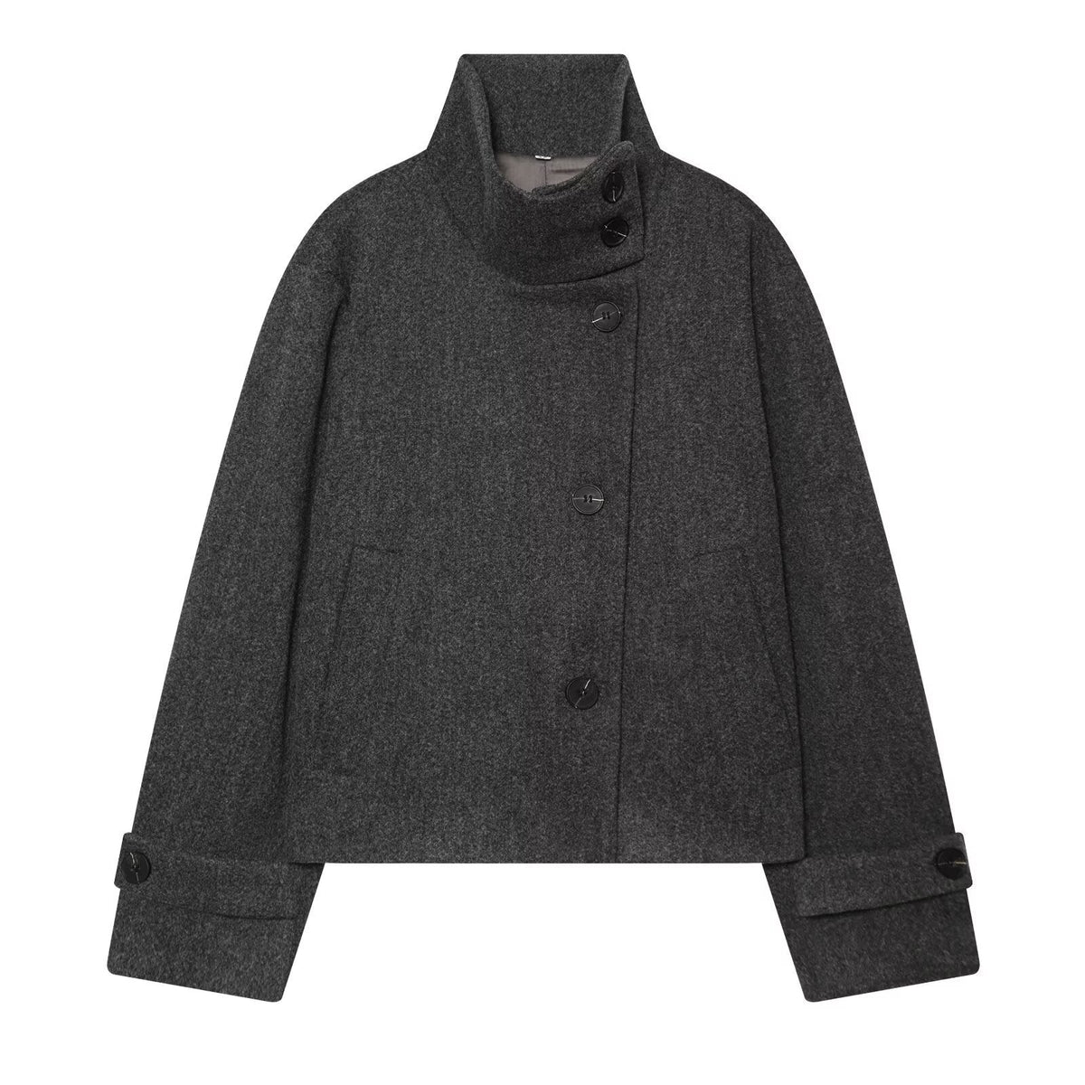 Women's Short Wool Jacket with High Collar, Buttoned Cuffs, and Pockets