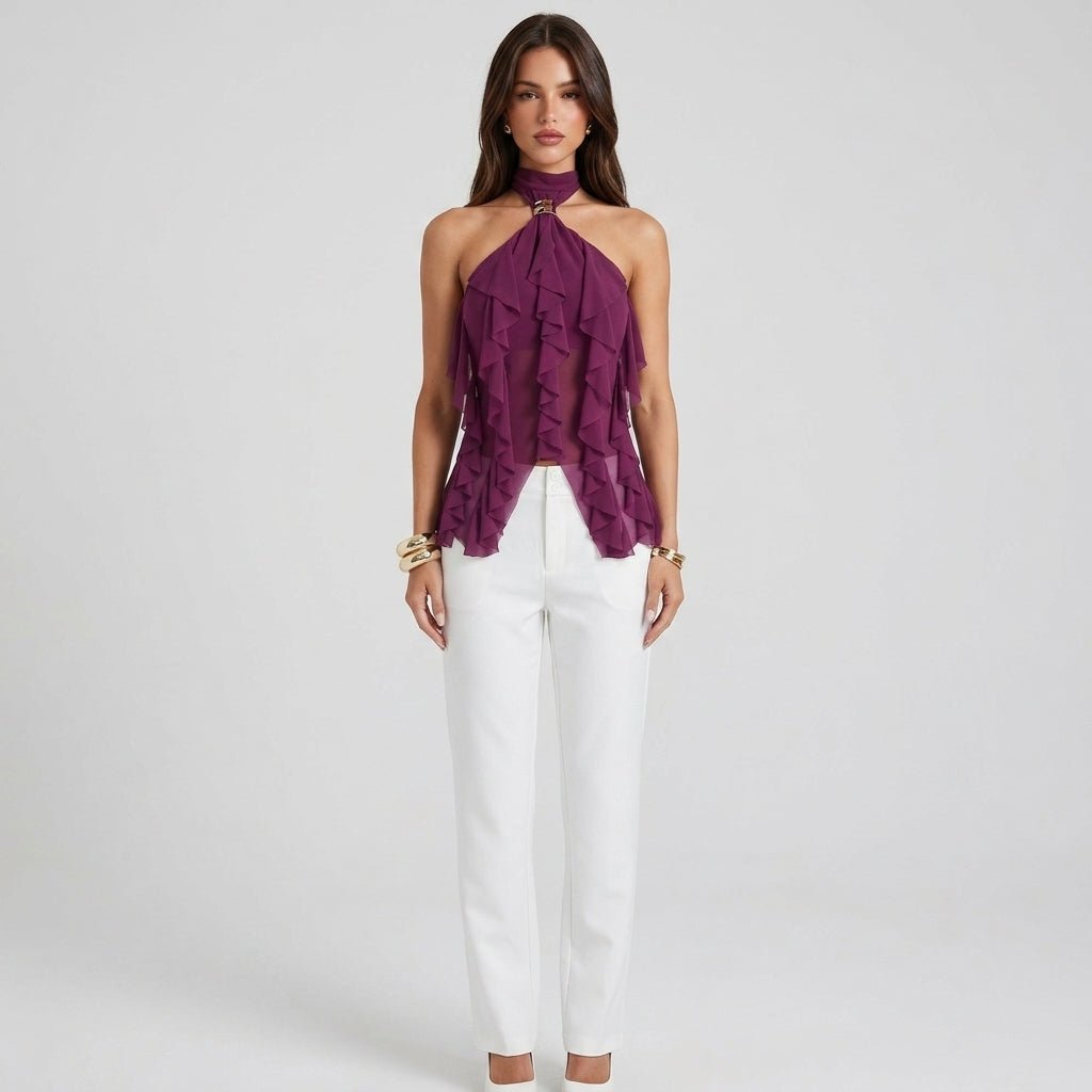 Chiffon Halter Top Ladies Ruffle Formal