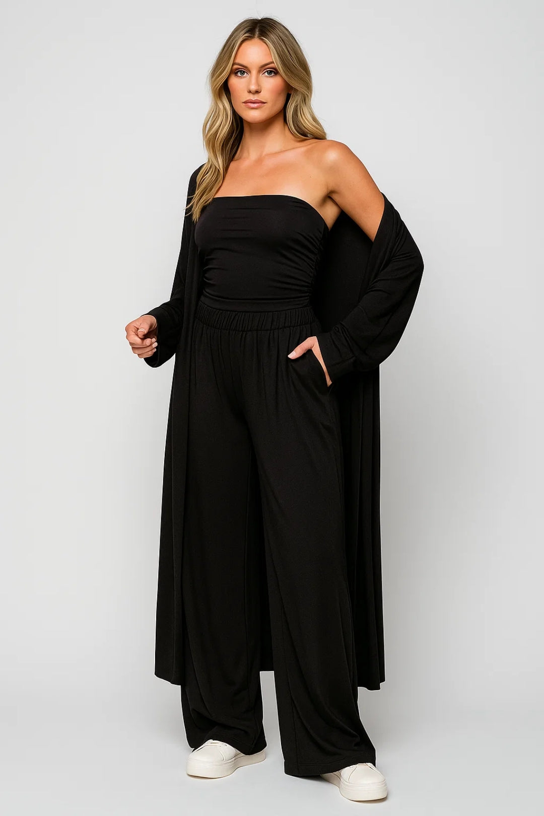 Co-Ord Set Ladies Long Trouser Cardigan Strapless Top