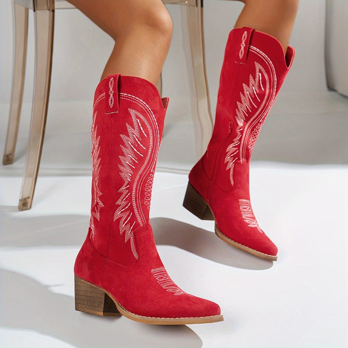 Women's Pointed Toe Cowboy Boots with Block Heel