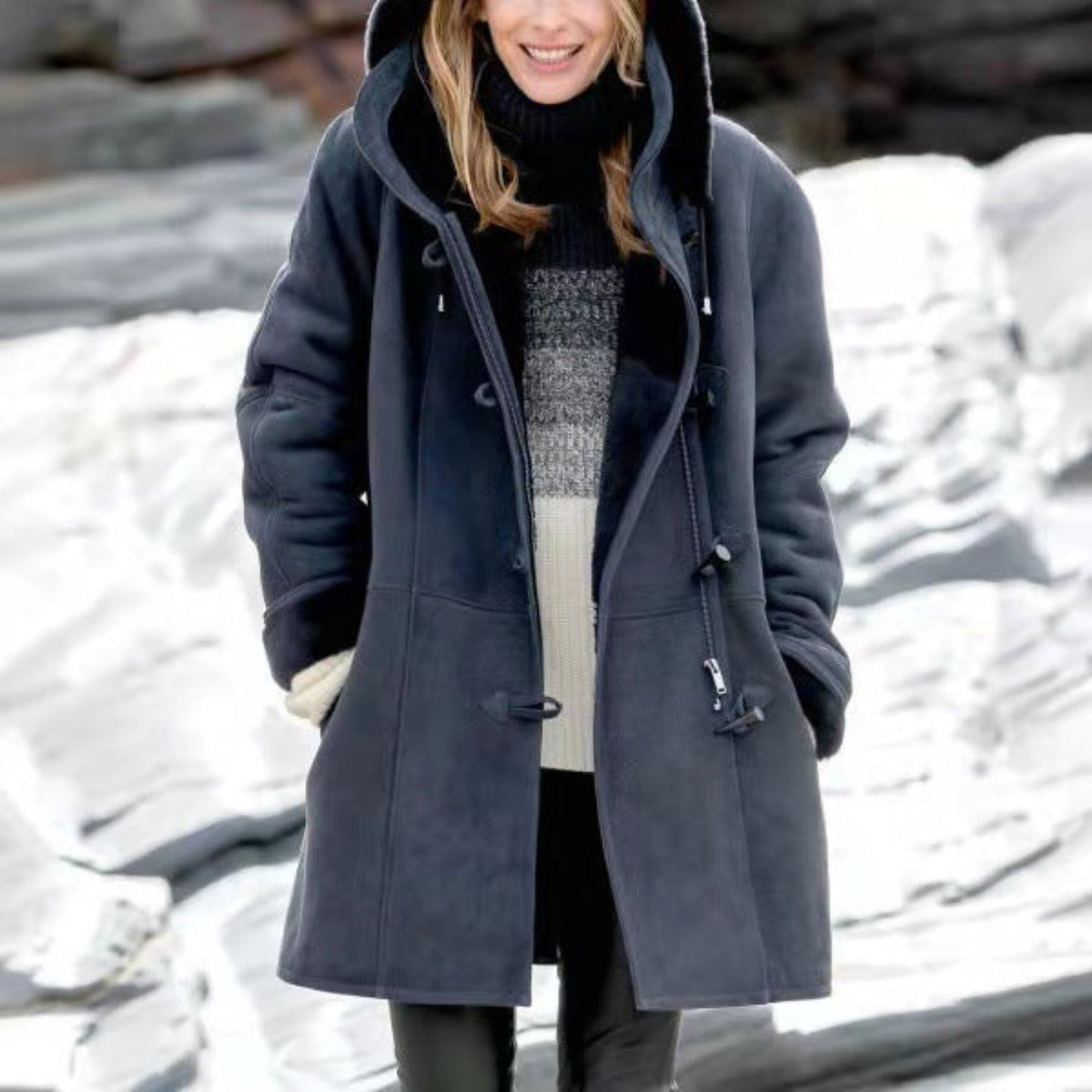 Cozy Ladies Duffle Coat with Hood and Warm Lining for Cold Days