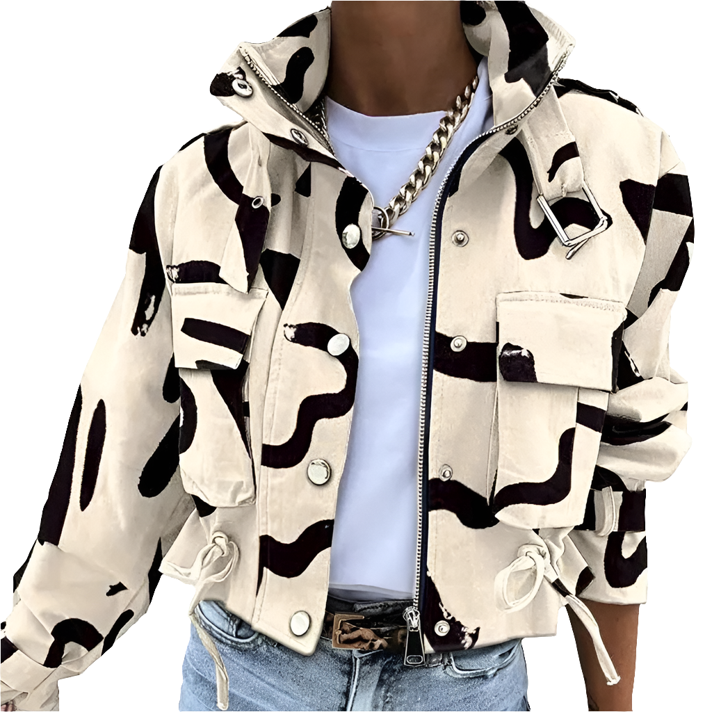 Cropped Bomber Jacket Ladies Stand-Up Collar Zip Casual