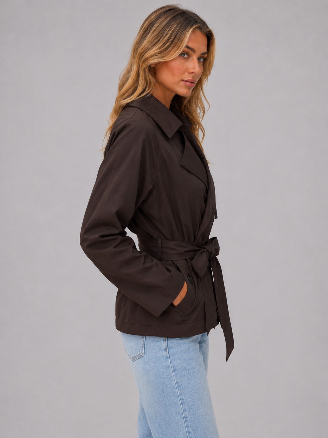 Women’s Cropped Trench Coat with Bow Belt