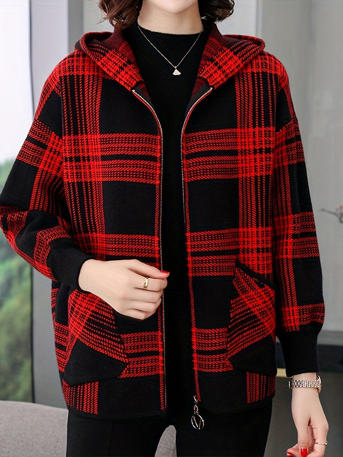 Delaney | Plaid Hooded Zip Jacket