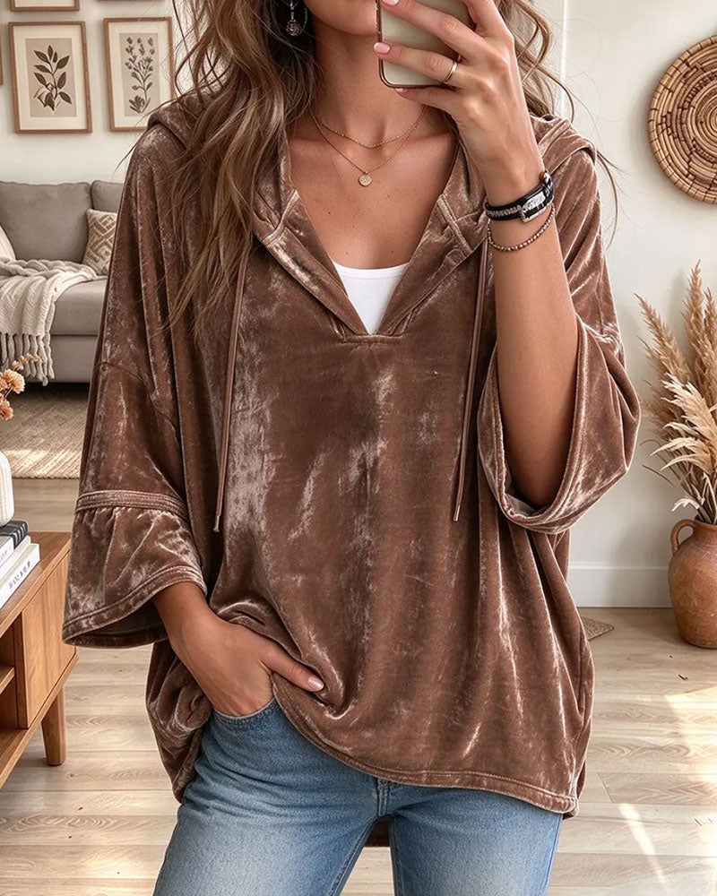 Velvet Hooded Top with V-Neck and Bell Sleeves