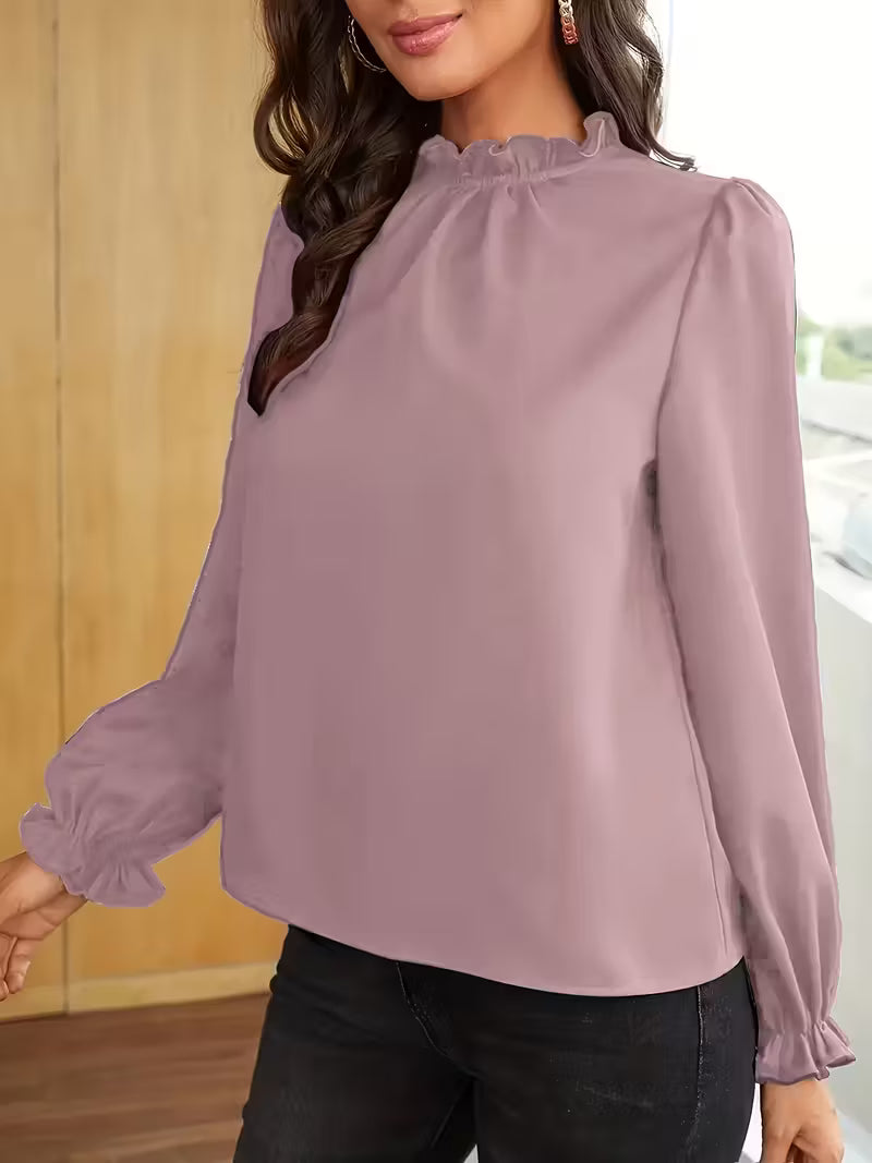 Women's Ruffled Collar Blouse with Puff Sleeves and Loose Fit Cuffs