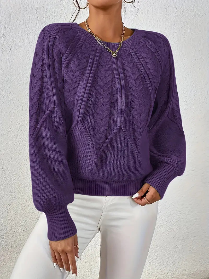 Plus Size Women's Oversized Cable Knit Sweater with Round Neck and Balloon Sleeves