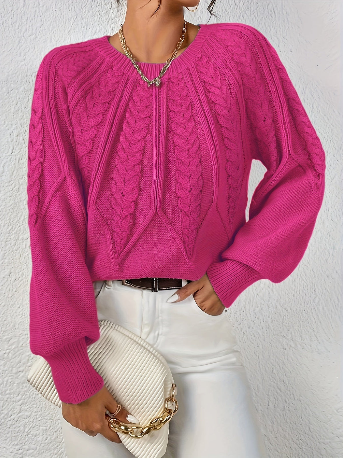 Plus Size Women's Oversized Cable Knit Sweater with Round Neck and Balloon Sleeves