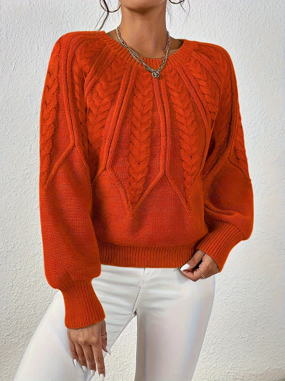 Plus Size Women's Oversized Cable Knit Sweater with Round Neck and Balloon Sleeves