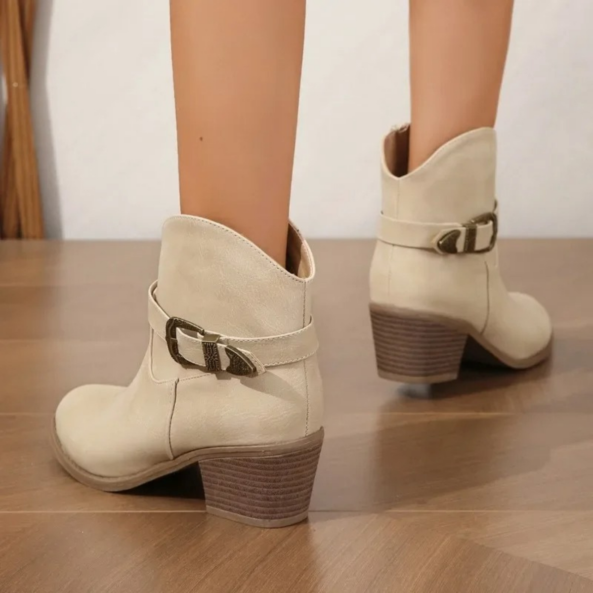 Women's Round Toe Block Heel Boots with Zip and Buckle