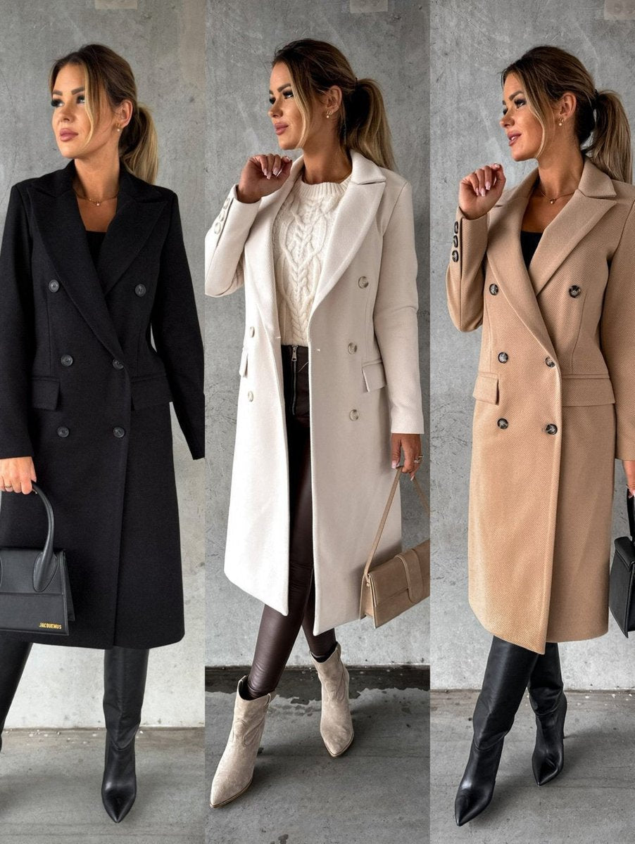 Knee-Length Women's Wool Coat featuring Notched Collar and Straight Fit