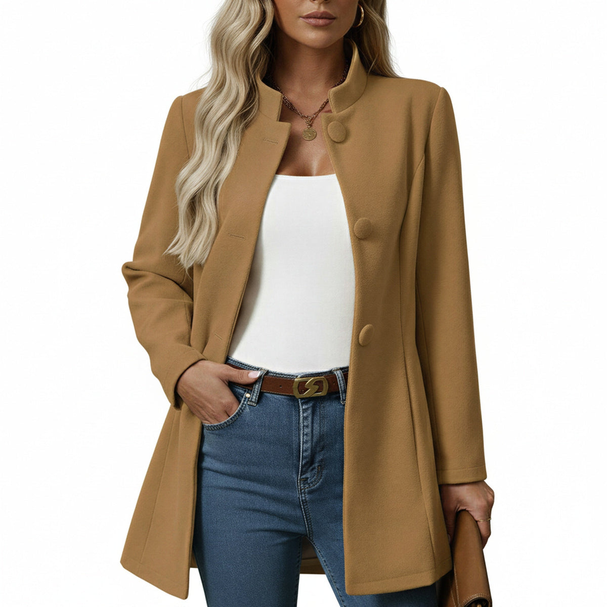 Women's A-Line Coat with Stand-Up Collar and Button Fastening