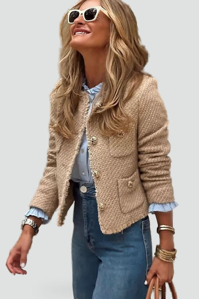 Ladies Tweed Blazer with Button Closure for a Stylish Look