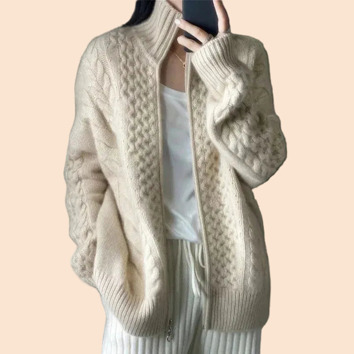 Oversized Ladies Cardigan with Stand-Up Collar and Zip Closure