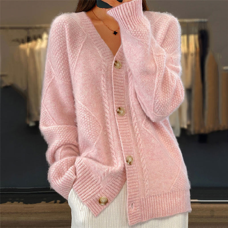 Women's V-Neck Long Sleeve Cardigan with Button Closure - Relaxed Fit